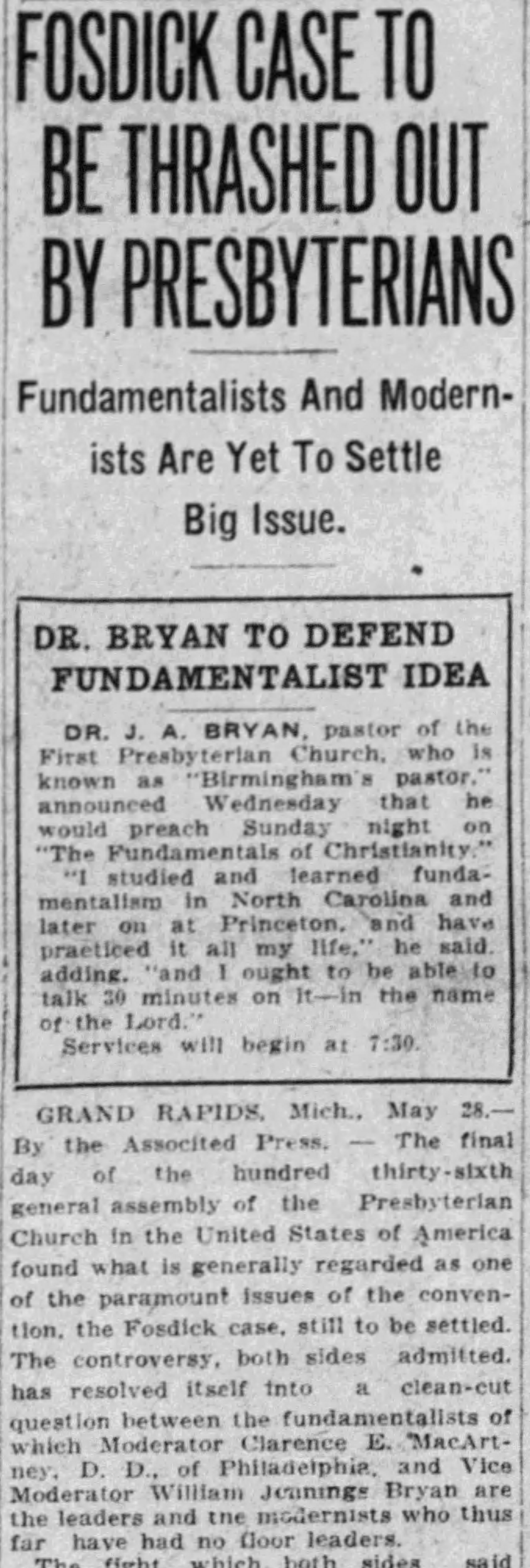 Dr. Bryan To Defend Fundamentalist Idea